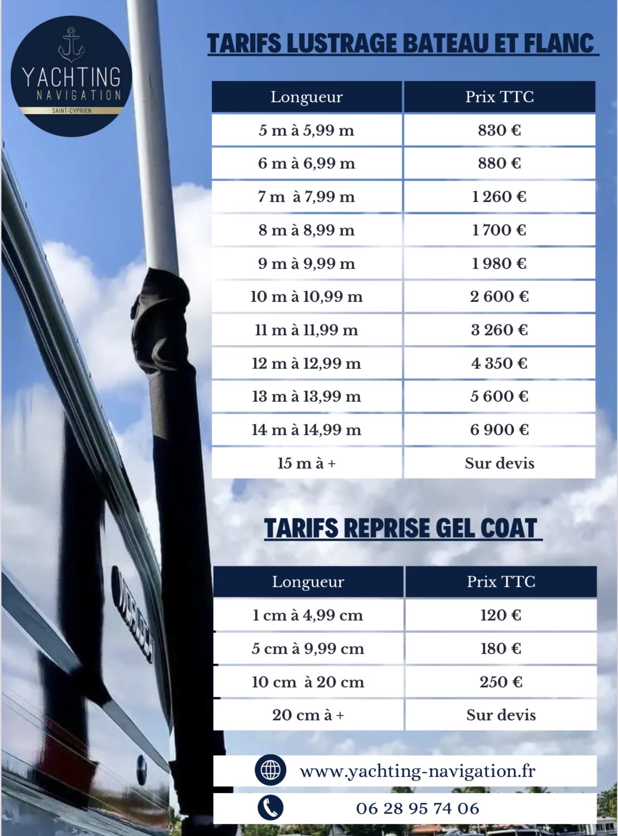Tarifs lustrage bateau et flanc + reprise gel coat - Yachting Navigation