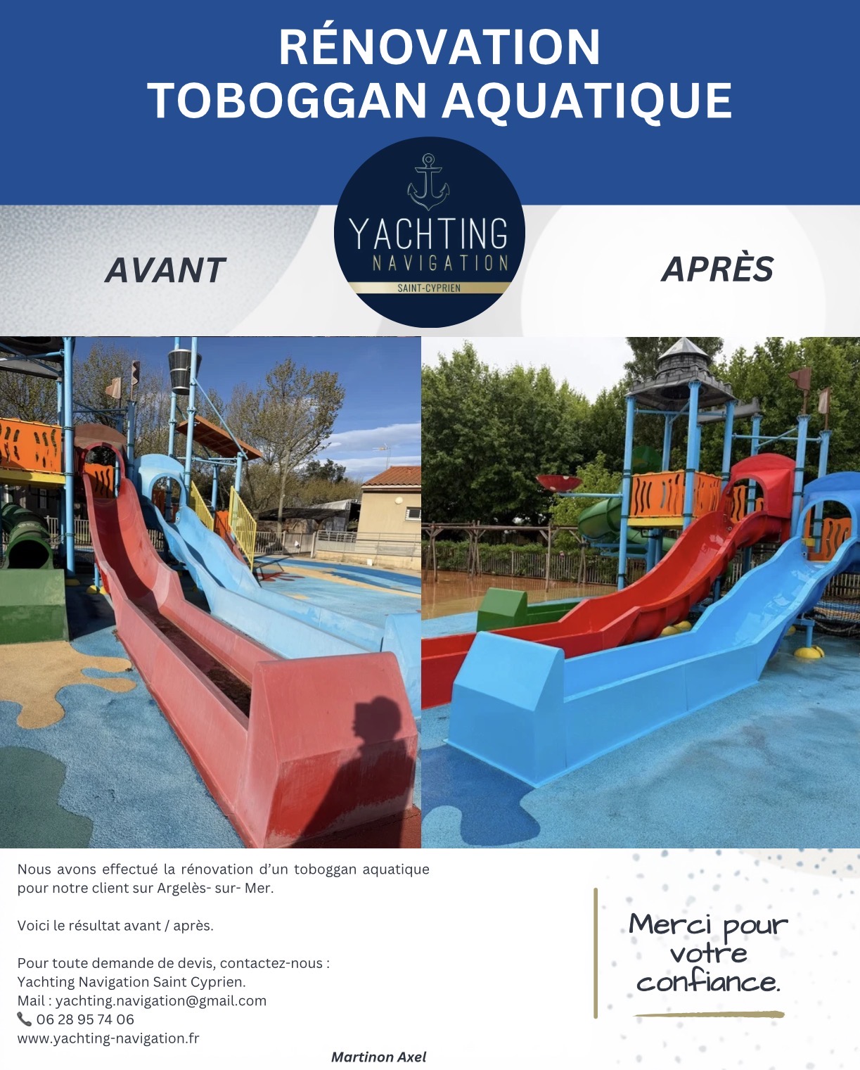 Rénovation avant et après d'un toboggan aquatique multicolore