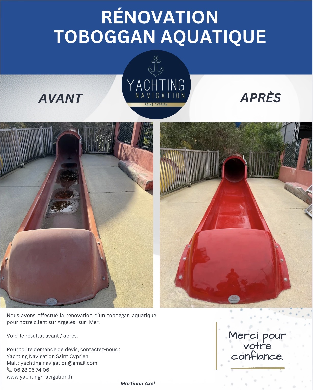 Rénovation avant et après d'un toboggan aquatique rouge