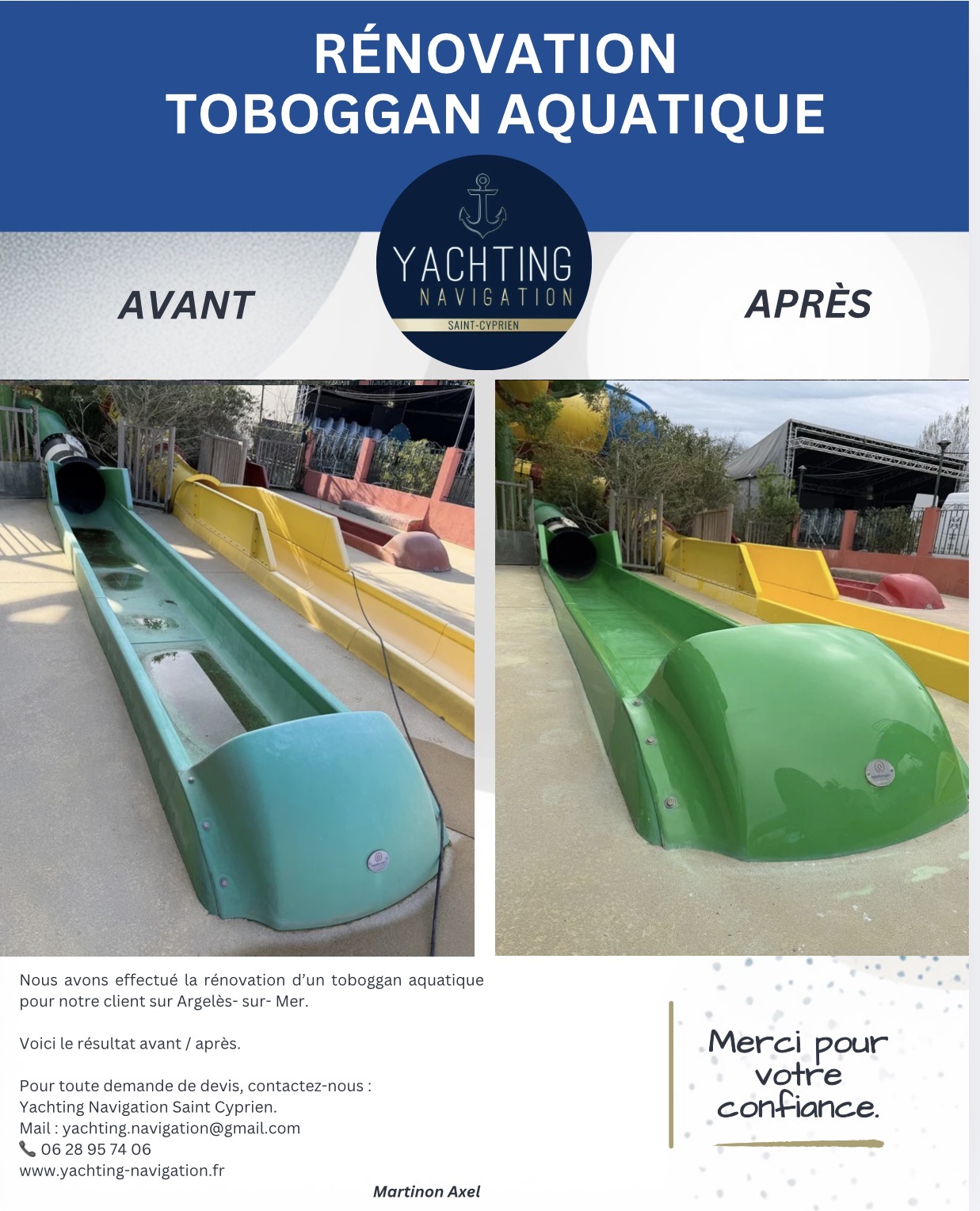 Rénovation avant et après de toboggans aquatiques verts et jaunes