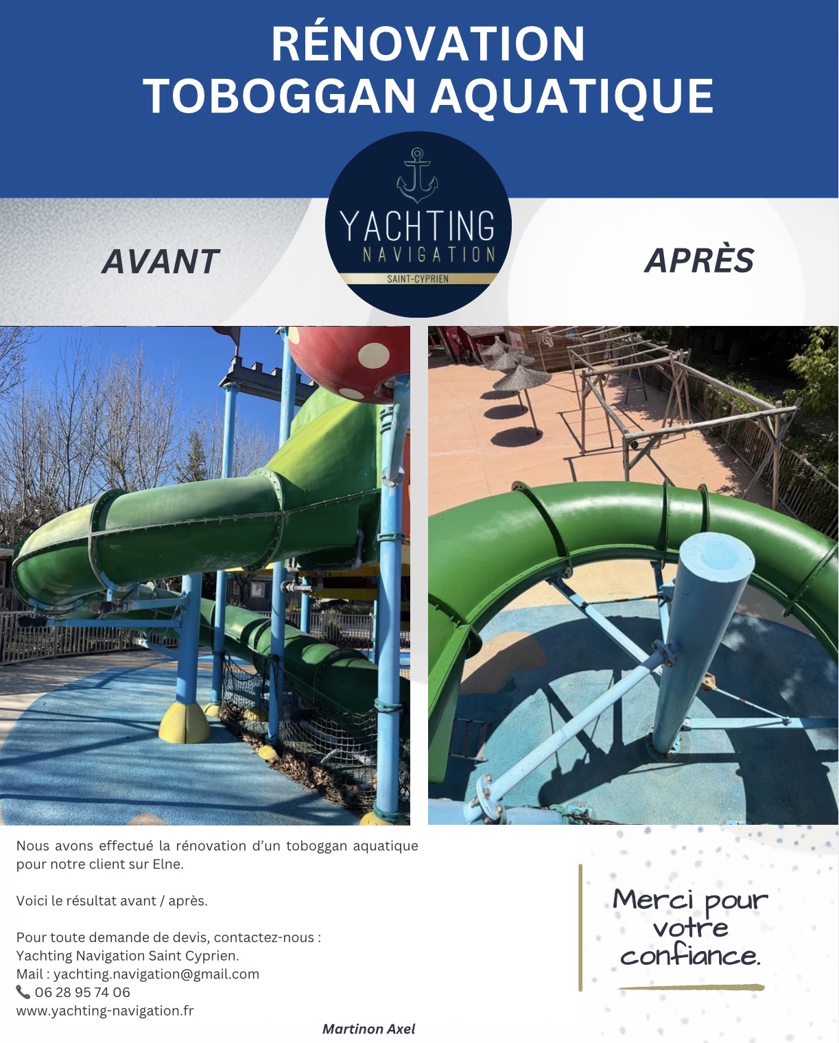 Rénovation avant et après d'un toboggan aquatique vert en tube